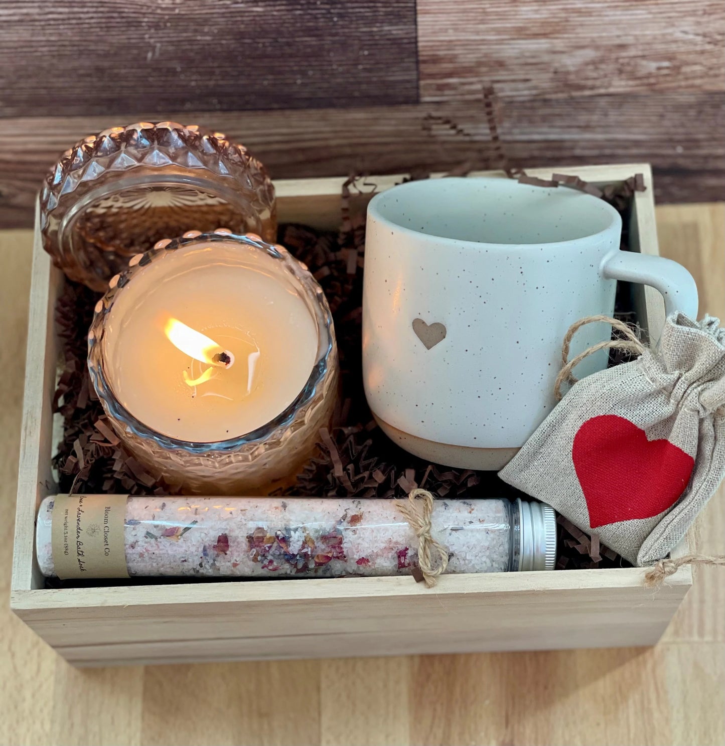 Heartfelt Gift Box with heart mug, tea, calming rose bath salt, and vanilla soy shimmer candle.