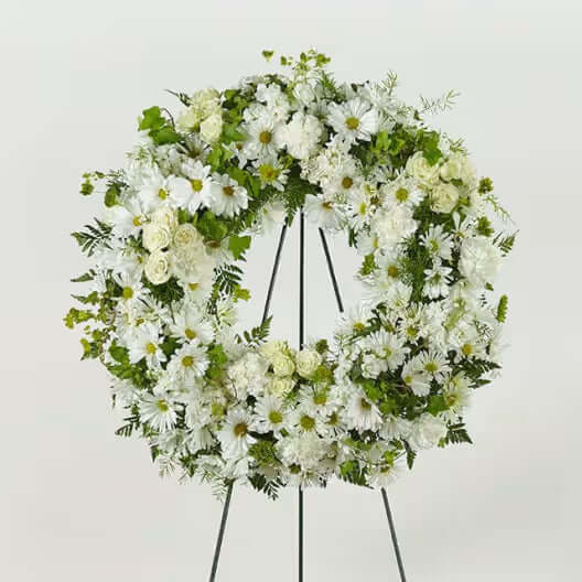 Funeral flowers in Brentwood CA 94513. Standing funeral wreath with daisy, mums, and roses on stand.  Beautiful funeral flowers near Brentwood CA 94513