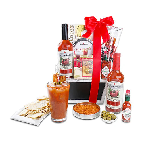 Corporate gift baskets featuring a Bloody Mary mix kit, including Fever-Tree, Tabasco, olives, and gourmet crackers.