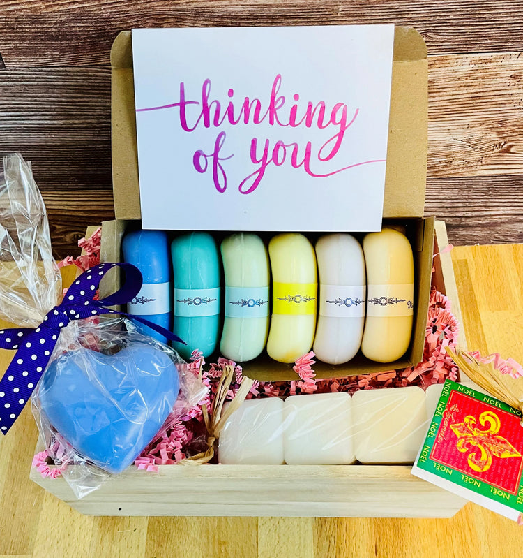 French Soap Gift Basket Brentwood CA 94513 in a decorative wooden box with colorful soaps and a heart-shaped soap.
