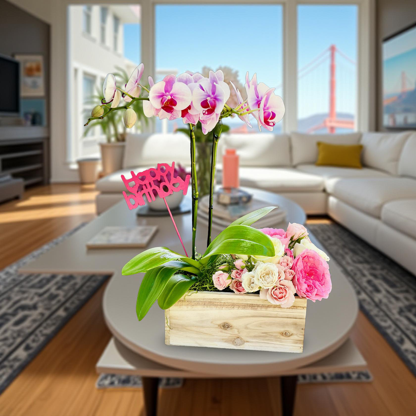 Harmony - Orchid and Rose Rustic Arrangement.