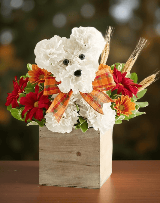 Flowers Love Puppy in wooden box with colorful autumn flowers, perfect for flower delivery Brentwood CA 94513.