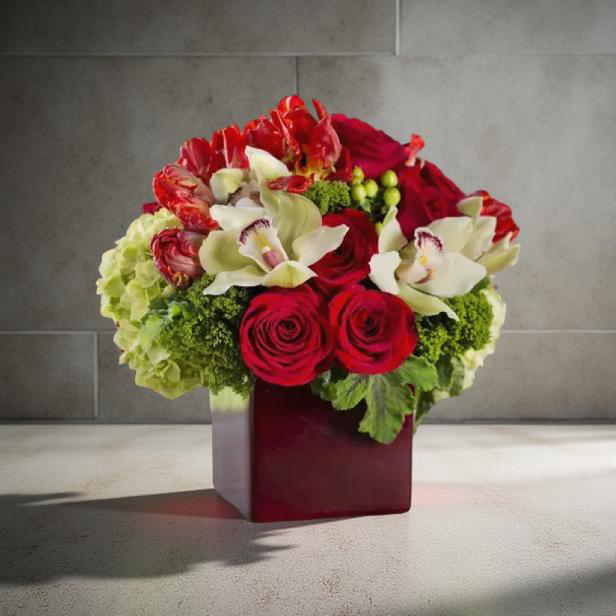 Crimson Noel Christmas Flower Arrangement – Joyce Flowers Brentwood CA Holiday Bouquet