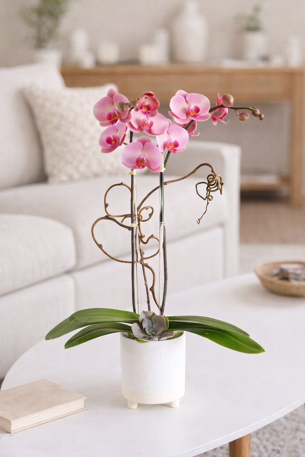 Beautiful pink orchid plant double stem in white container delivery of orchids to Brentwood CA 94513