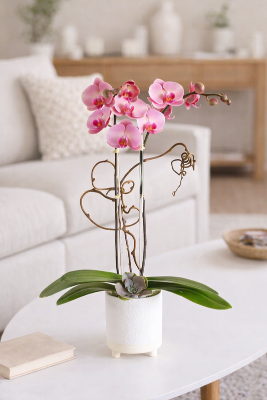 Beautiful pink orchid plant double stem in white container delivery of orchids to Brentwood CA 94513