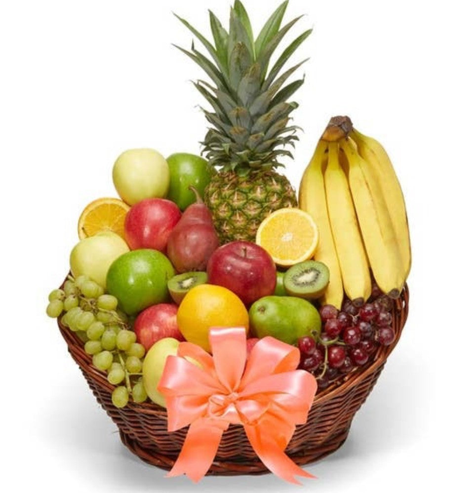 Send a pineapple, apples, grapes, chocolate cherries, pears and bannans in a wicker basket tied with a beautiful bow.  A great gift for anyone and any occassion.  Thank you.