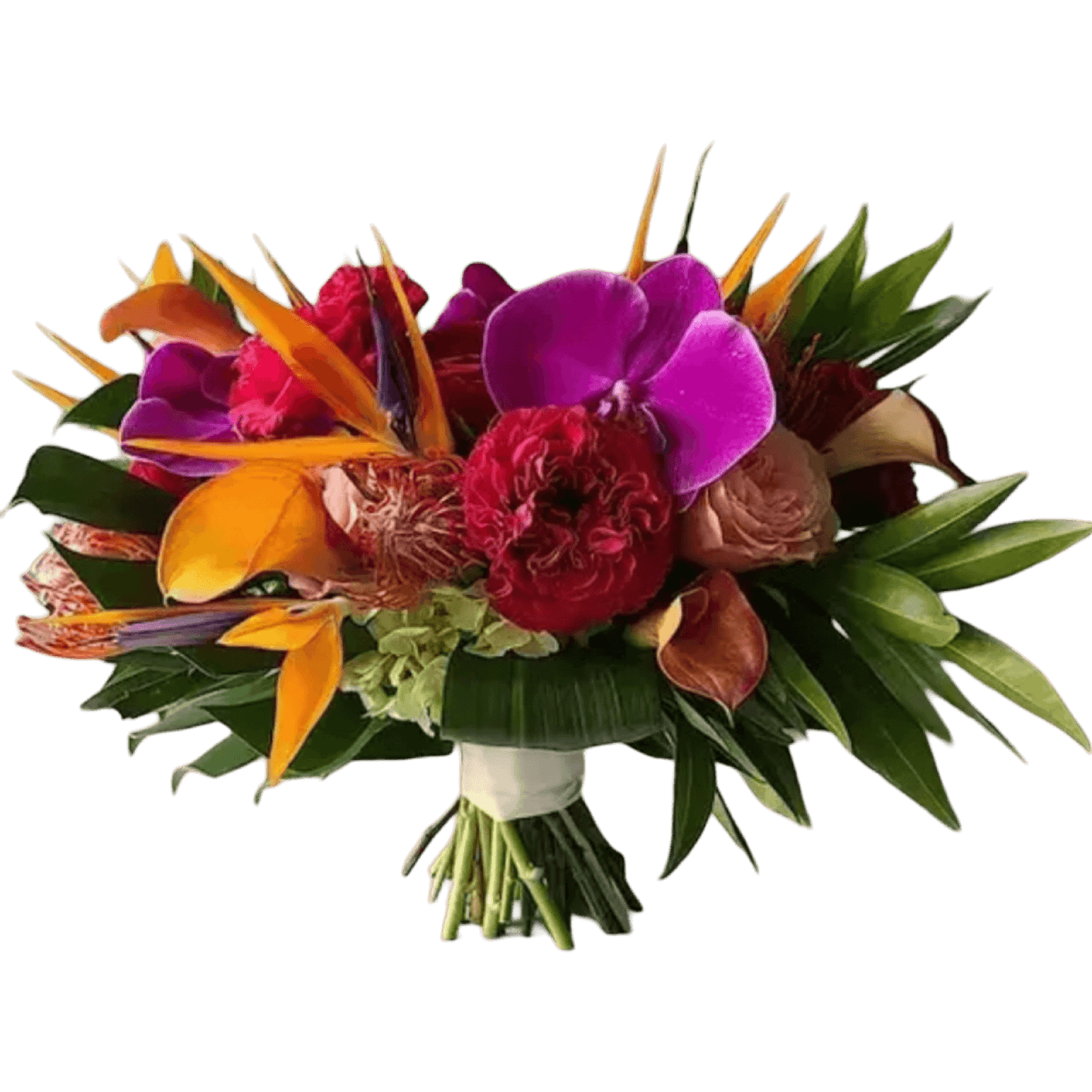 Tropical wedding bouquet featuring vibrant flowers for a beach wedding in Half Moon Bay, perfect for flower delivery Brentwood CA 94513.
