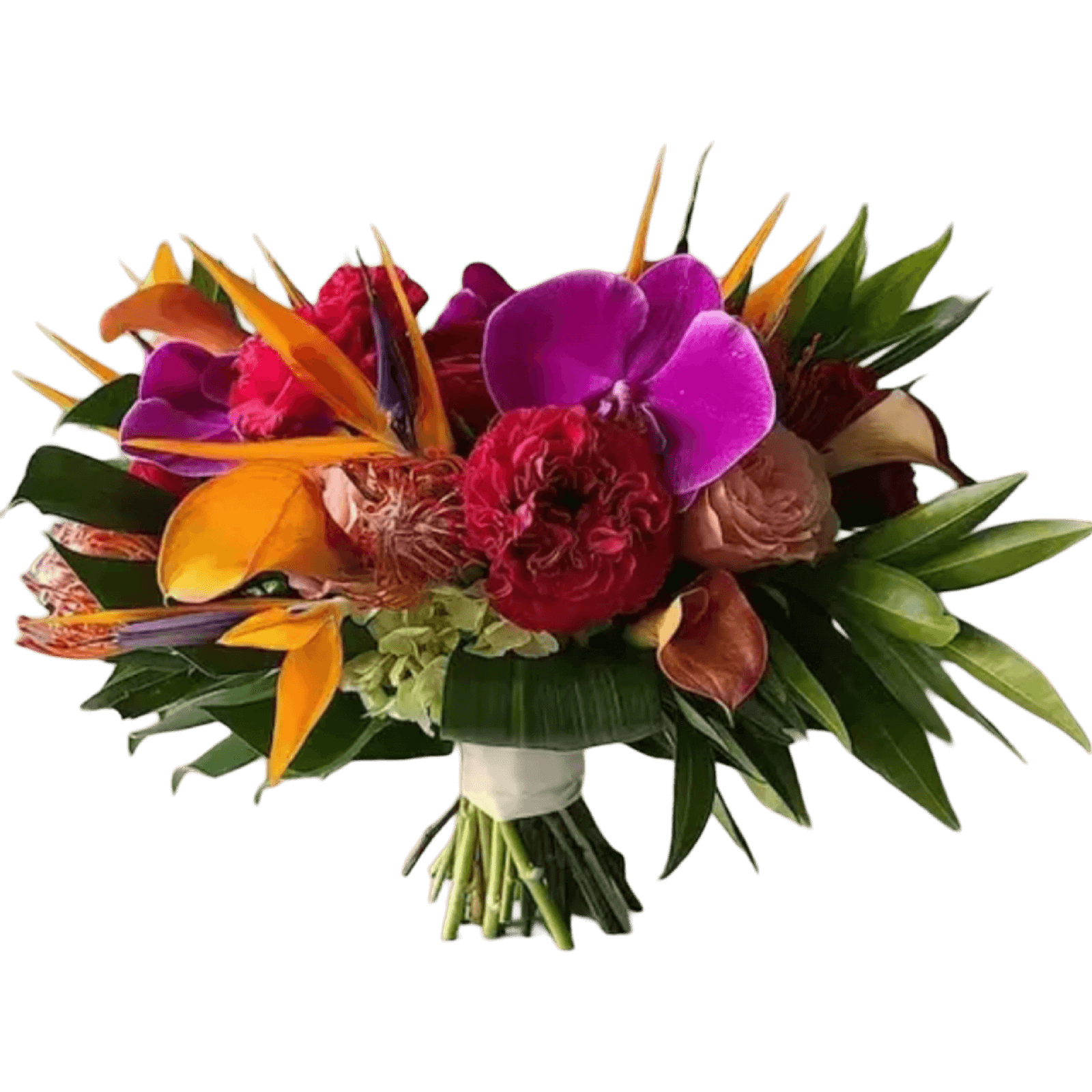 Tropical wedding bouquet featuring vibrant flowers for a beach wedding in Half Moon Bay, perfect for flower delivery Brentwood CA 94513.