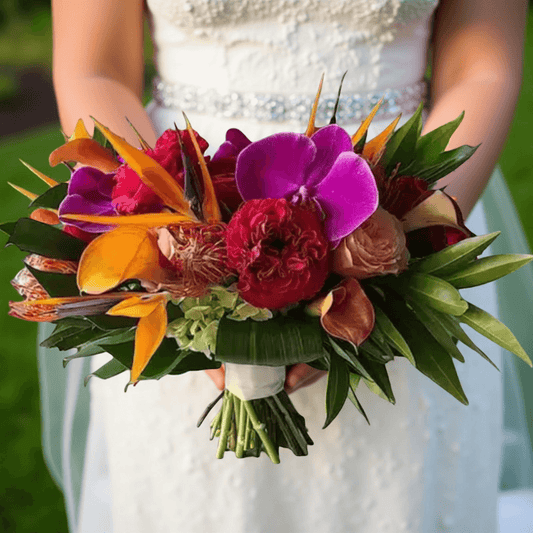 Tropical wedding bouquet with vibrant flowers, perfect for beach weddings in Half Moon Bay.