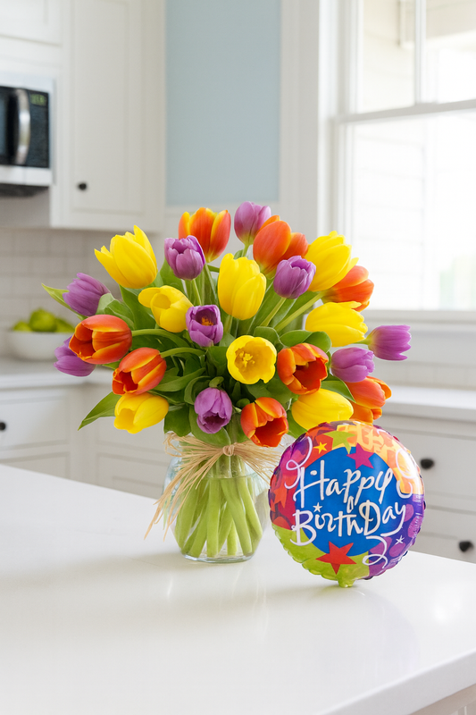 Tulips and Cheers - Birthday Flowers and Balloon