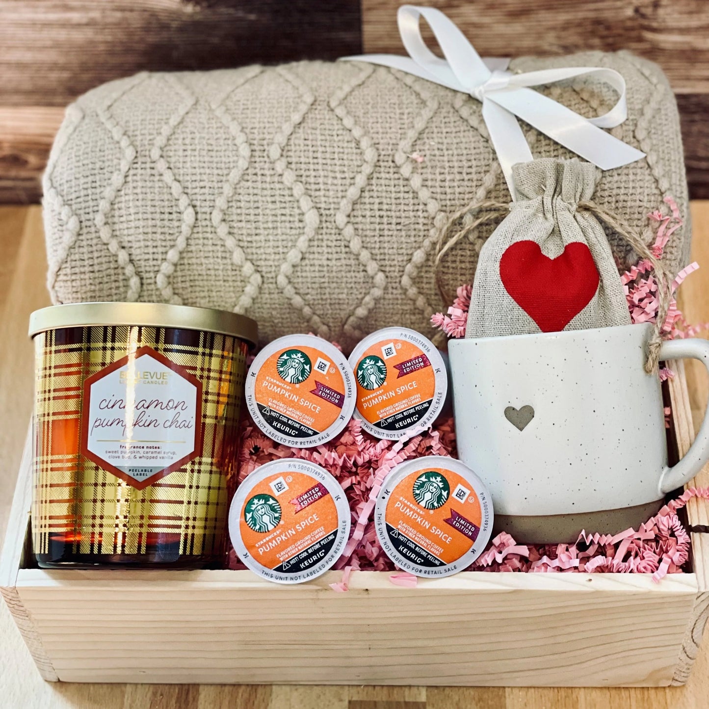 Fall Gift Box with Coffee and Tea Throw blanket and fall pumpkin candle.  Great for a Birthday Gift.