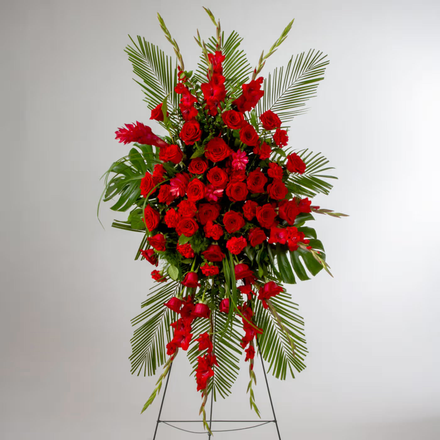 Loving Memories in Red Standing Funeral Spray