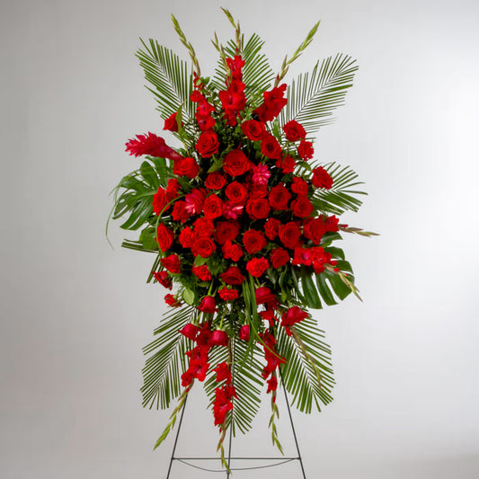 Loving Memories in Red Standing Funeral Spray