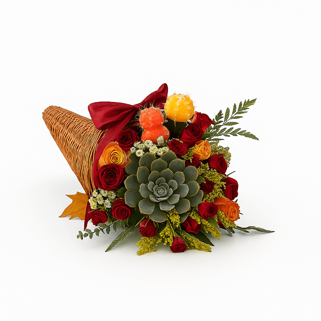 Thanksgiving Cornucopia with Succulents featuring roses and cacti for flower delivery Brentwood CA 94513.