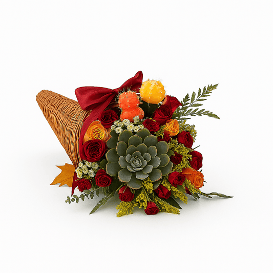 Thanksgiving Cornucopia with Succulents featuring roses and cacti for flower delivery Brentwood CA 94513.
