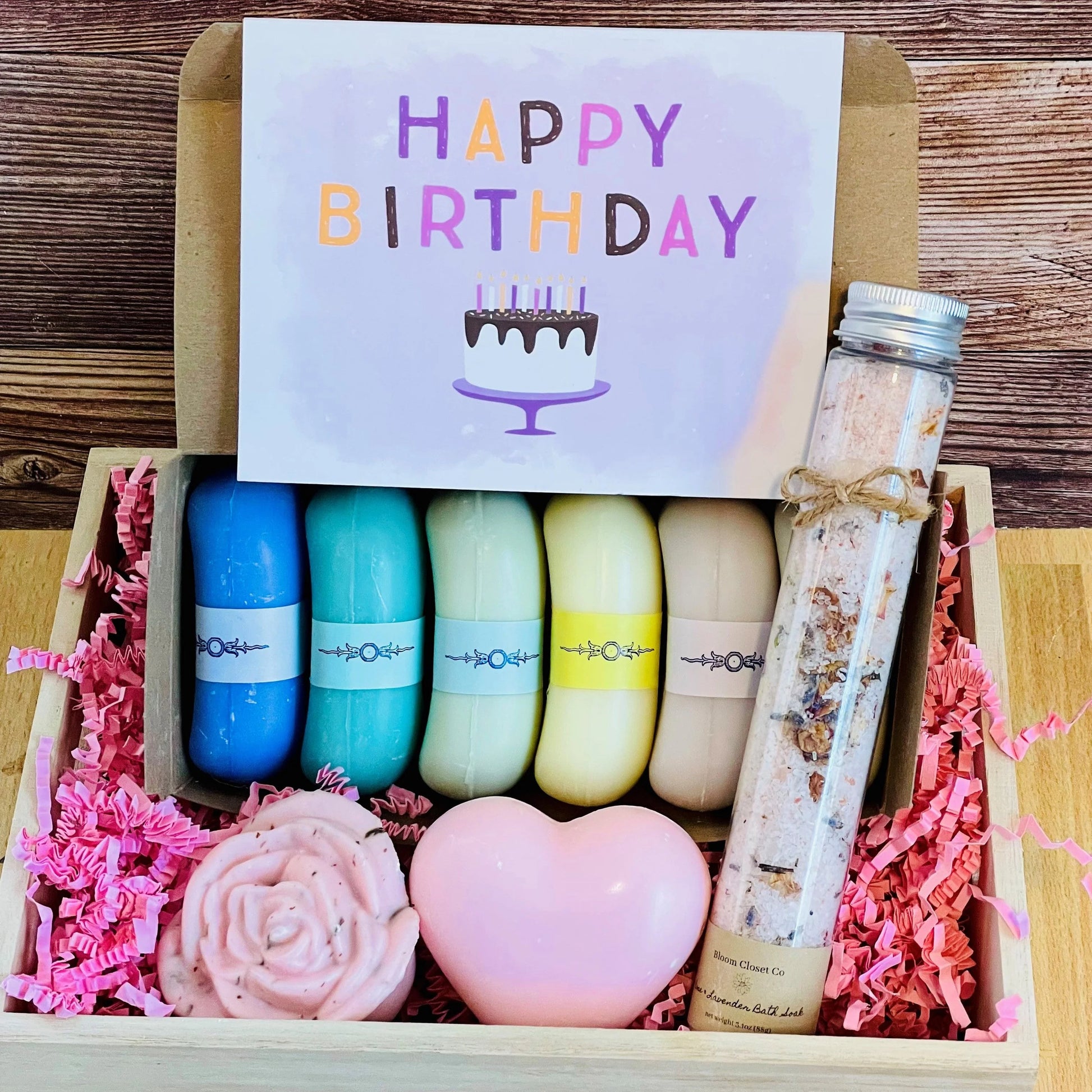 Birthday Present Gift Box.  Includes 5 french soaps in rainbox colors, designer card, rose bath salts, heart soap, and flower shaped soap.  Smell is a delicous mix of rose and vanilla.