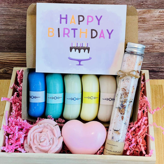 Birthday Present Gift Box.  Includes 5 french soaps in rainbox colors, designer card, rose bath salts, heart soap, and flower shaped soap.  Smell is a delicous mix of rose and vanilla.