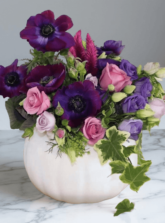 Purple pumpkin flower delivery 94513 in a white pumpkin featuring bold dark purple and pink blooms.