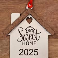 Real estate closing gifts wooden home ornament with "Home Sweet Home 2025" design.