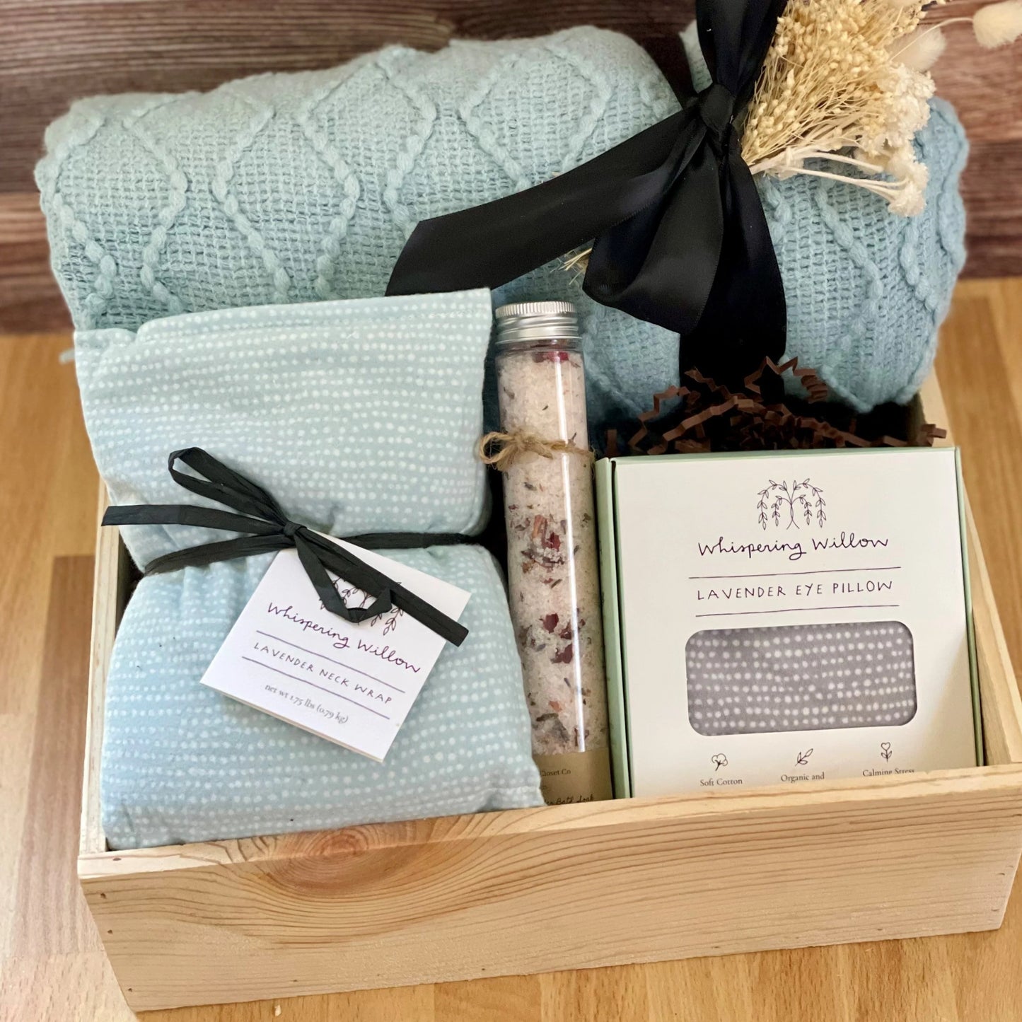 Gift Basket Shipped to your home.  Incldues Eye Pillow Lavender, Neck Warmer, throw blanket, rose bath salts
