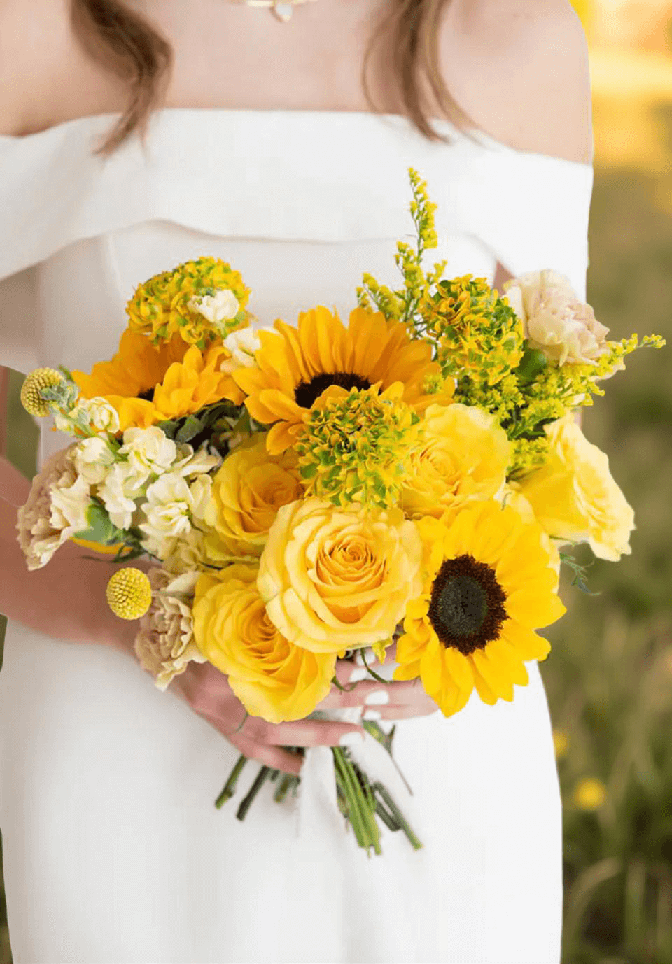 Sunshine Wedding Bouquet with bright yellow roses and sunflowers for flower delivery Brentwood CA 94513.